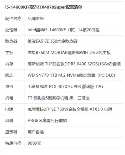 2024年i5 13600KF/14600KF搭配RTX4070Super组装电脑配置清单配图